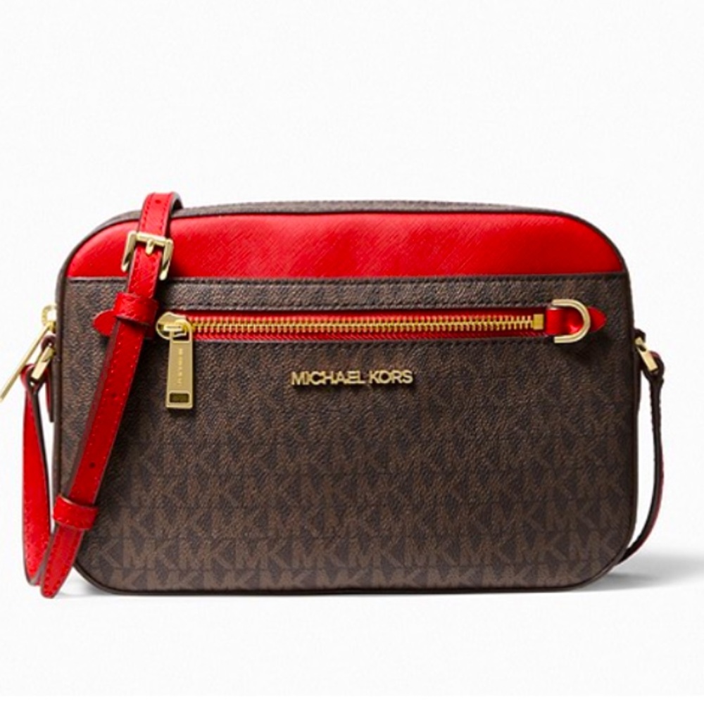 NWT Michael Kors Red/ Brown Jet Set Large Logo Crossbody Bag - Picture 4 of 8